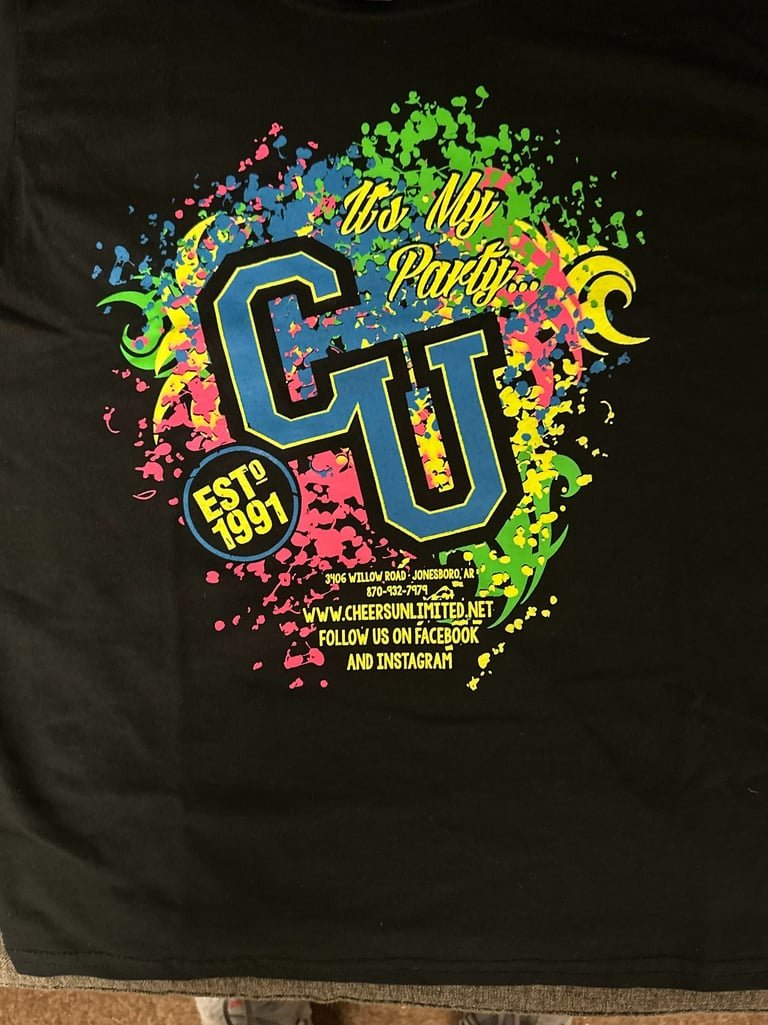 Bright multicolor standard screen print on a black shirt
