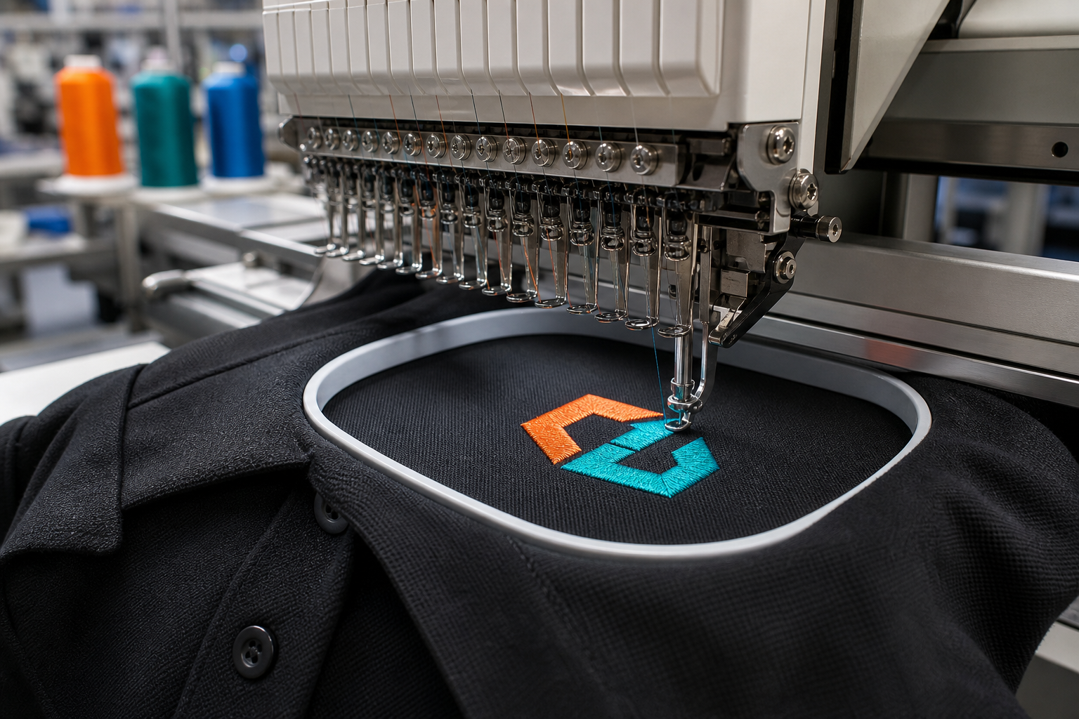 Commercial embroidery machine stitching an orange and teal design on black workwear